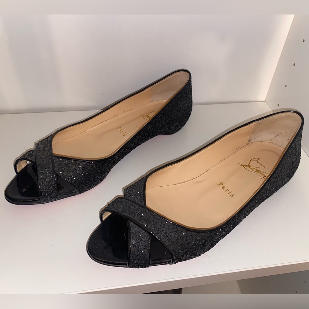 Christian Louboutin Black Glitter Peep Toe Flats